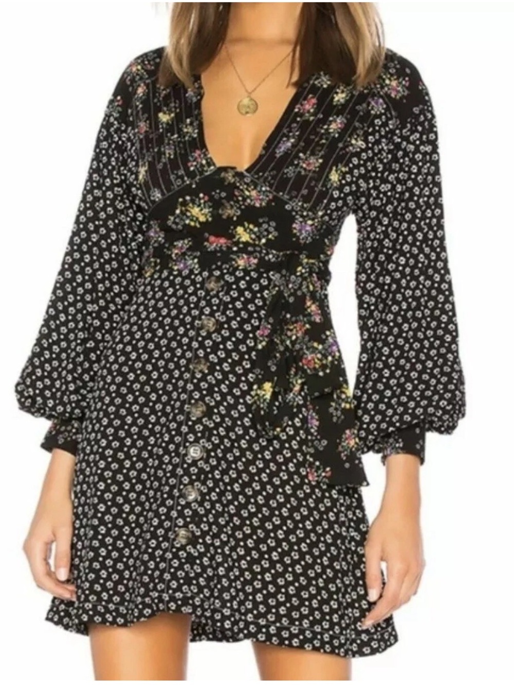 Free People Black Wonderland Mini Dress Boho Tunic Dress Retails $128.00 XS